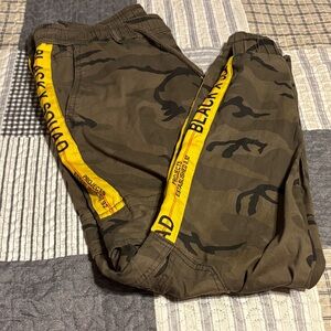 Black Squad camo pants- Brown and Yellow elastic waist and around ankle
